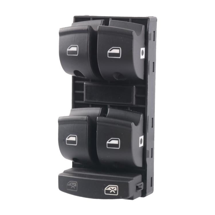 Power window control switch with four rocker buttons on gray housing, side view