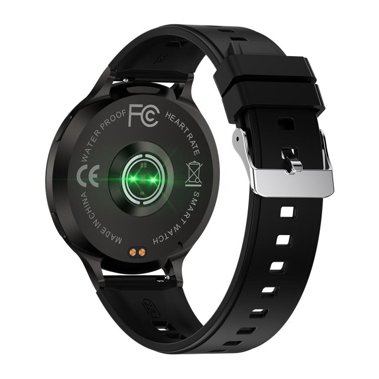 Back of a black round smartwatch showing its heart rate sensor and black silicone strap