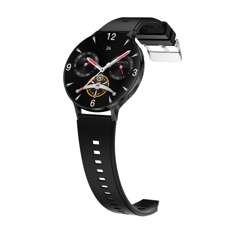 Black round smartwatch with an analog-style display and black silicone strap
