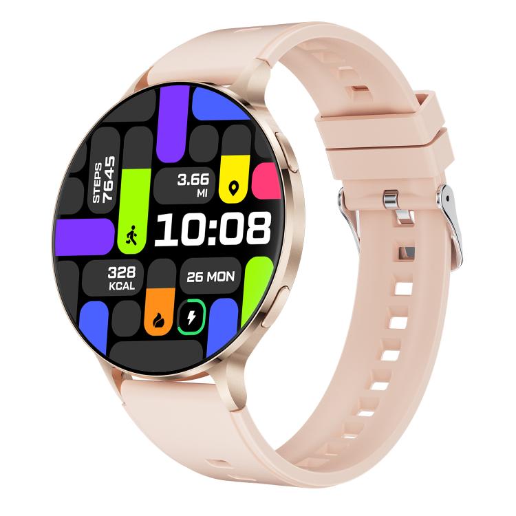 Gold-tone round smartwatch with pale pink silicone strap and colorful display