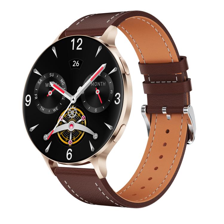 Gold-tone round smartwatch with brown leather strap and black analog-style display