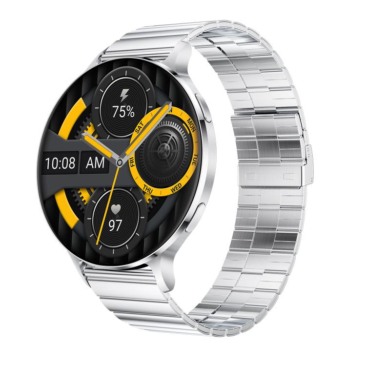 Smartwatch with silver metal link band and yellow-accented round digital face