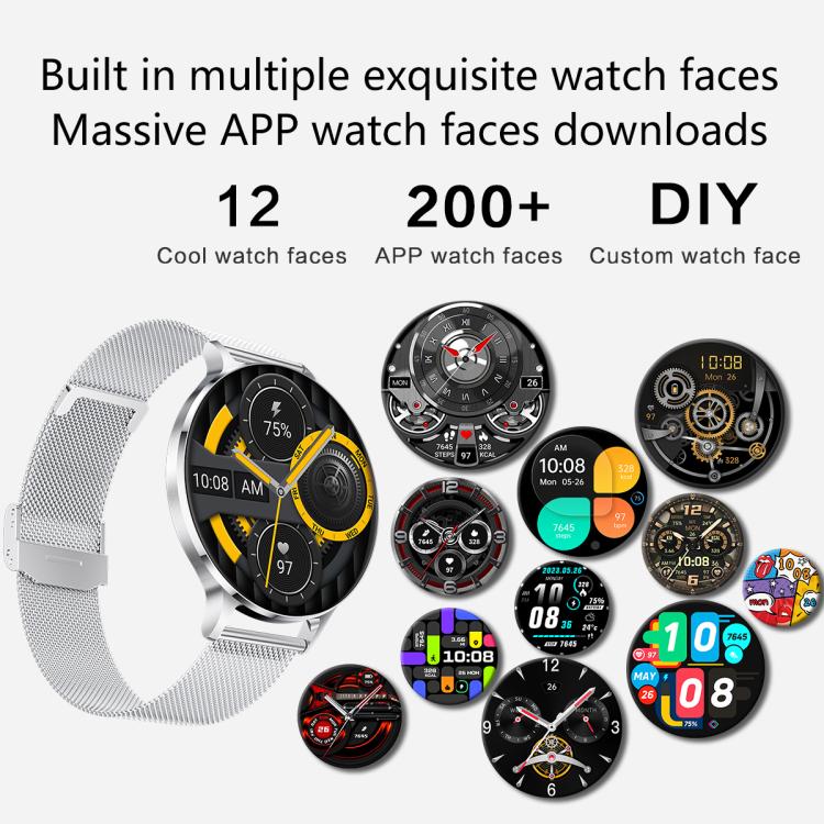 Smartwatch with silver mesh band beside examples of customizable digital watch faces