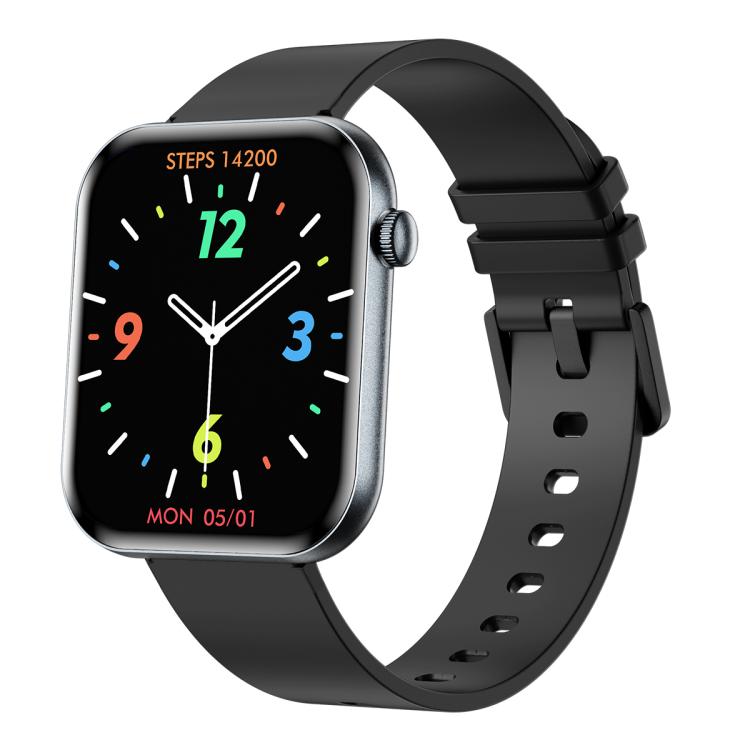 Smartwatch with black band, silver case, and colorful analog-style display
