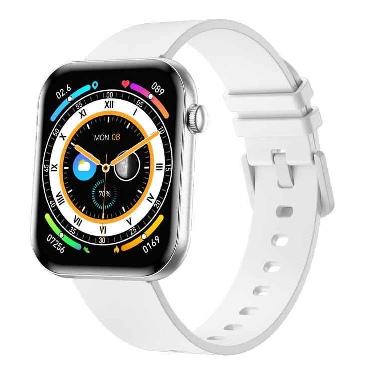 Smartwatch with white band, silver case, and detailed analog-style display