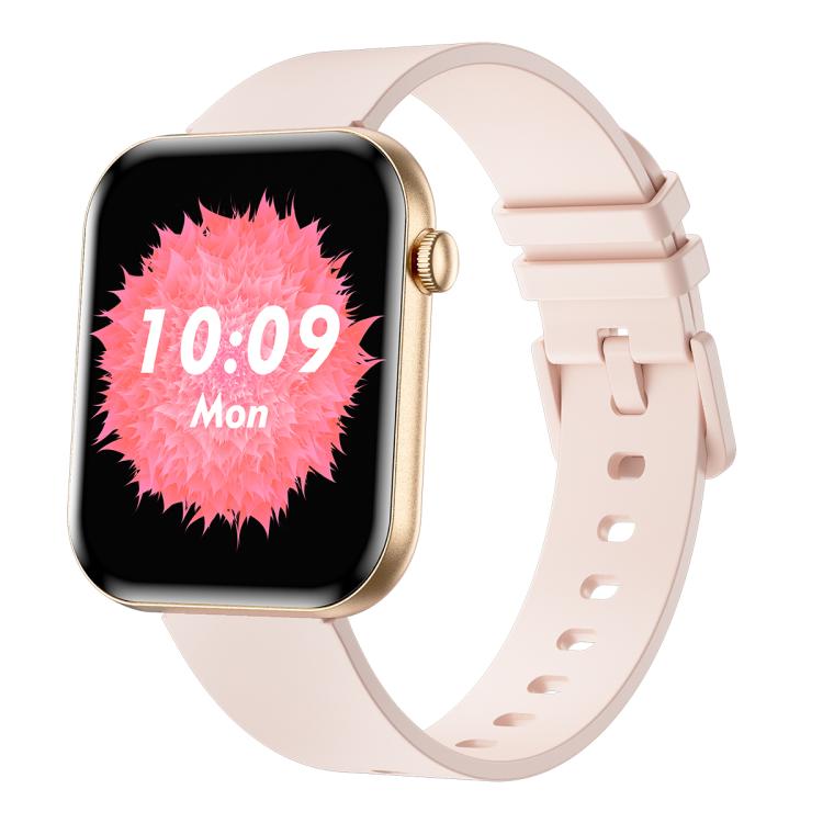 Smartwatch with pale pink band, gold case, and bright pink digital display