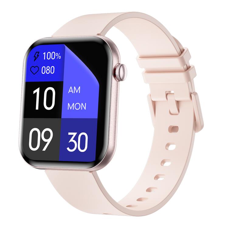 Smartwatch with pale pink band, rose gold case, and blue digital AMOLED display