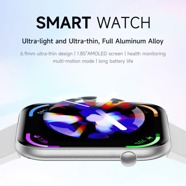 Thin silver smartwatch case with a side crown and colorful display
