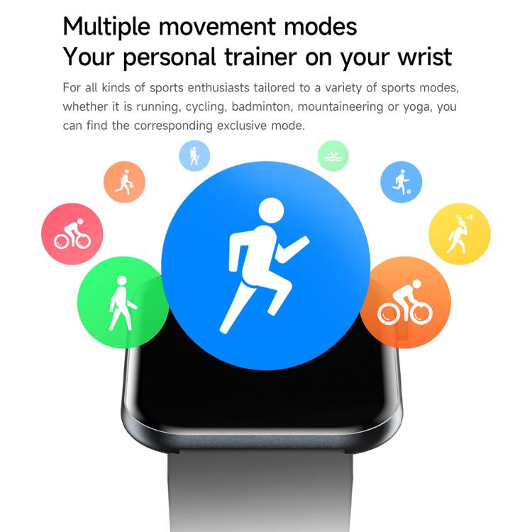 Smart watch with black screen and gray band, shown with sports mode icons