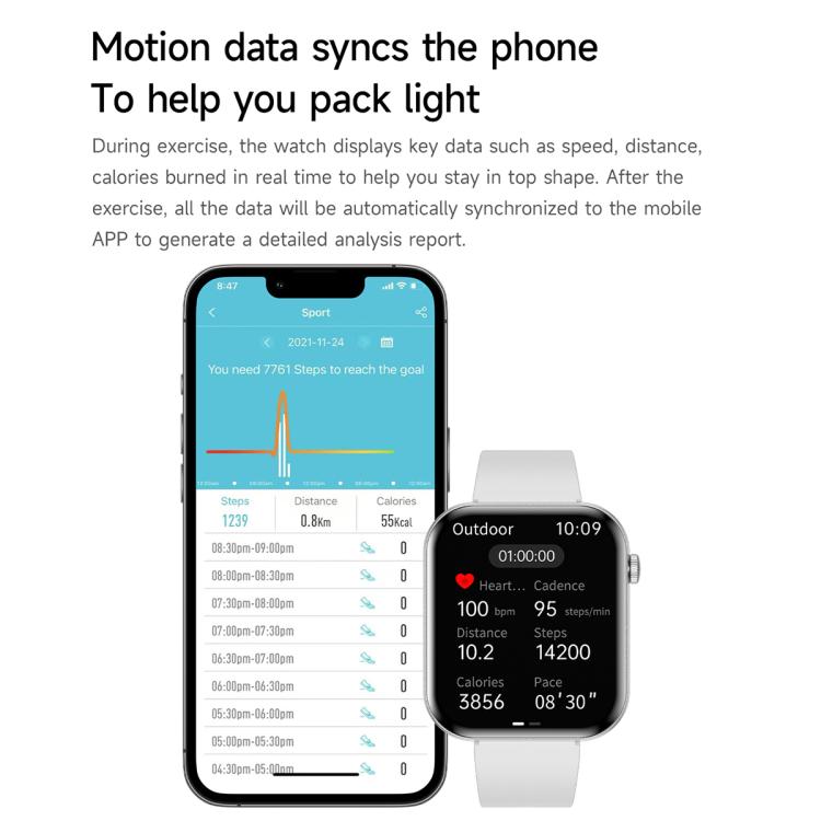 Smart watch with white band displaying workout stats beside a phone app