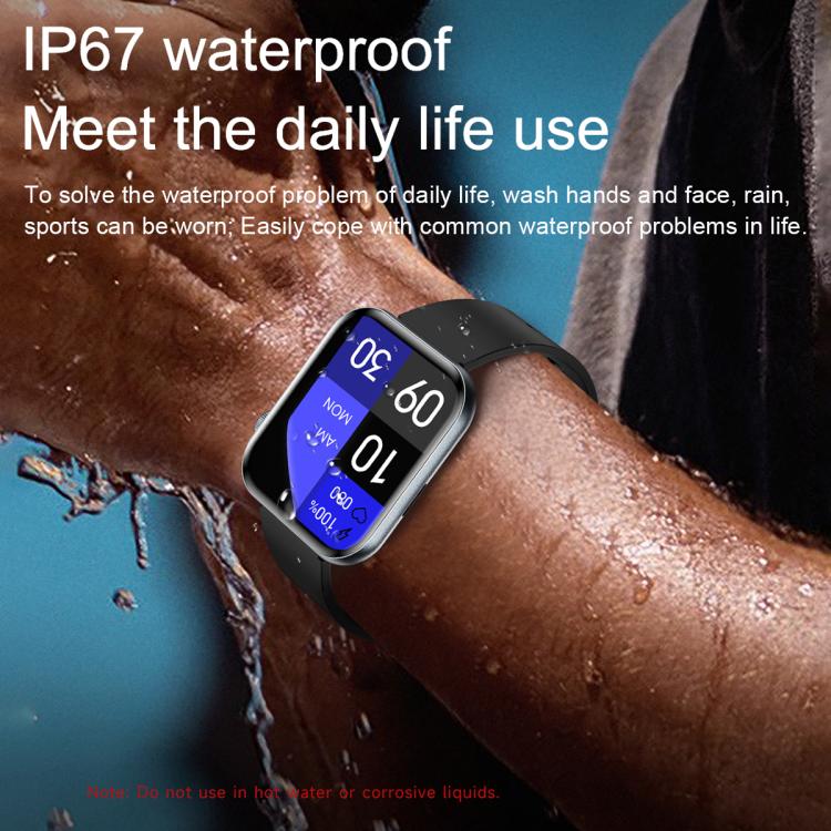 Black-band smart watch worn on wrist with water droplets on its screen