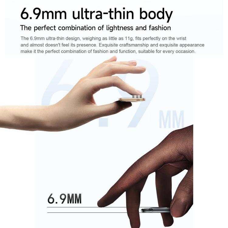 Slim smartwatch shown between fingers to illustrate its thin profile