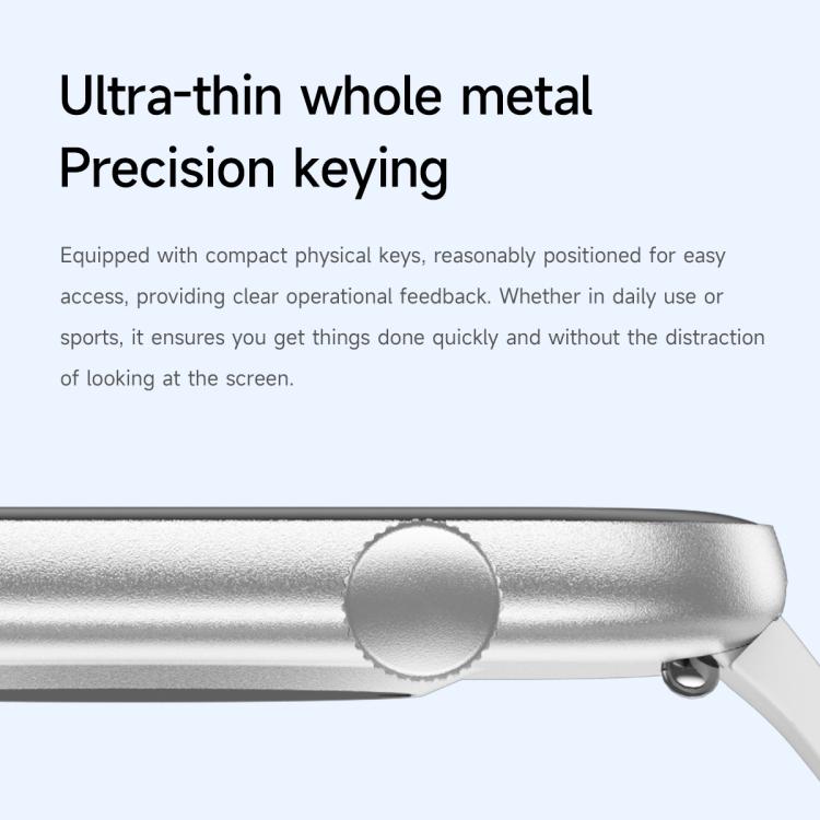Close-up of a silver smartwatch case and side crown