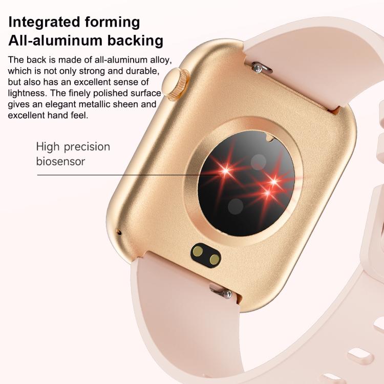 Back of a gold smartwatch with pale pink band and round health sensor