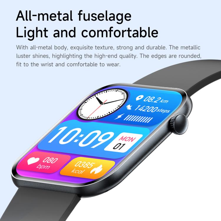 Smart watch with dark metal case, black band, and colorful health and time display