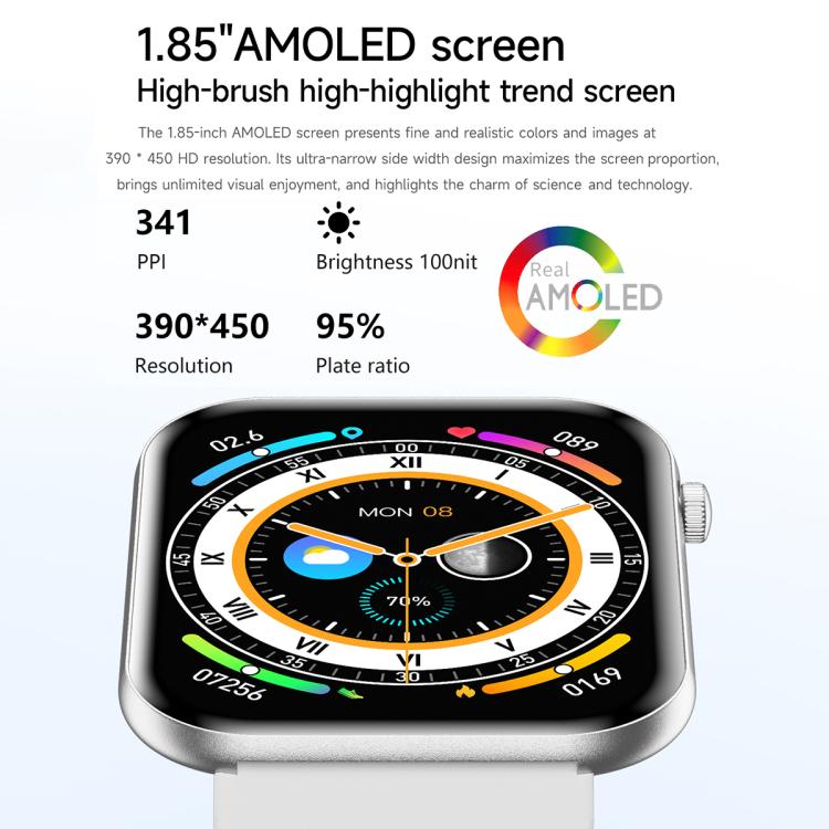 Smart watch with silver case, white band, and analog-style AMOLED dial
