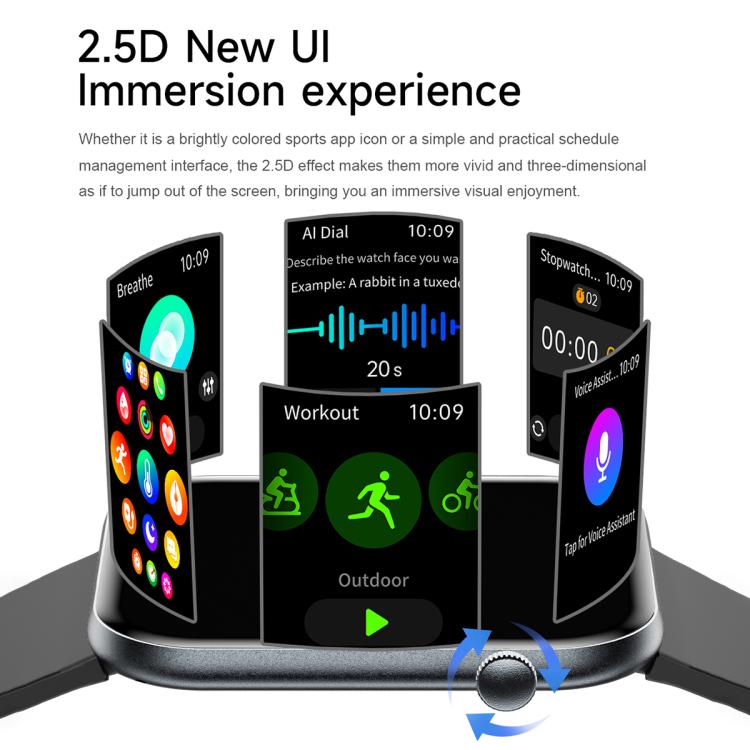 Smart watch with black band and curved display showing workout and app screens