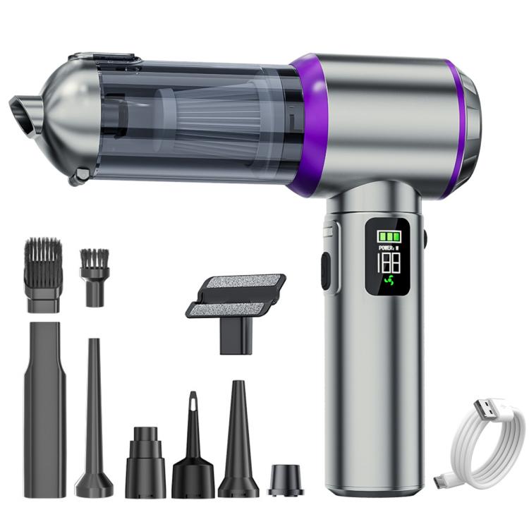 Silver cordless handheld vacuum cleaner with purple accents, with multiple attachment nozzles
