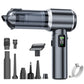 Silver cordless handheld vacuum cleaner with purple accents and multi-nozzle accessory set