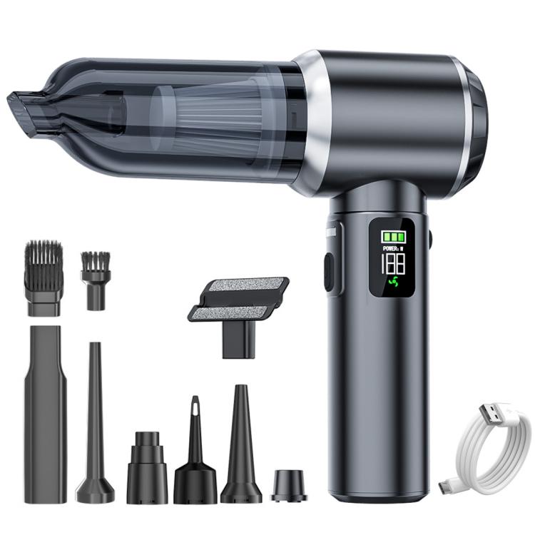 Silver cordless handheld vacuum cleaner with purple accent ring and power display screen