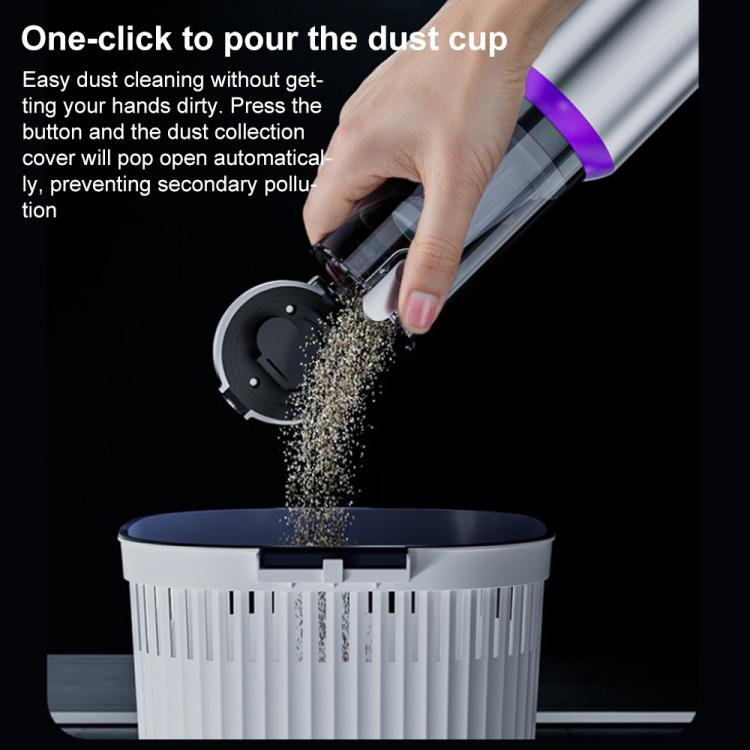 Hand pressing the release on a cordless vacuum dust cup with purple button