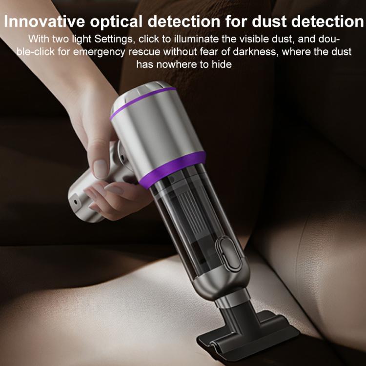 Cordless handheld vacuum cleaner with purple accent band and floor nozzle, silver metal body