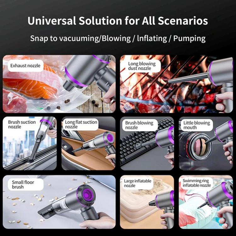 Cordless vacuum cleaner with multiple detachable nozzles for vacuuming, blowing, and inflating