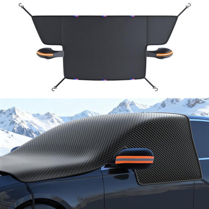 Black car windshield snow cover with magnetic corner clips and orange trim