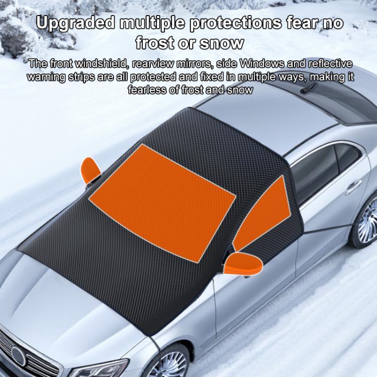 Black car windshield cover with orange protective panels and magnetic side tabs