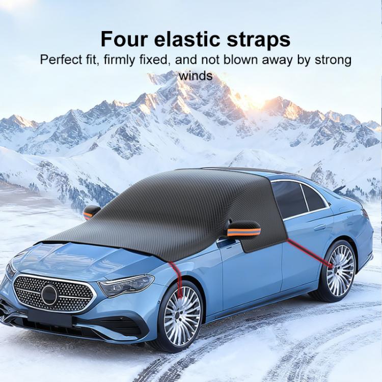 Black windshield snow cover with four elastic straps and orange corner tabs