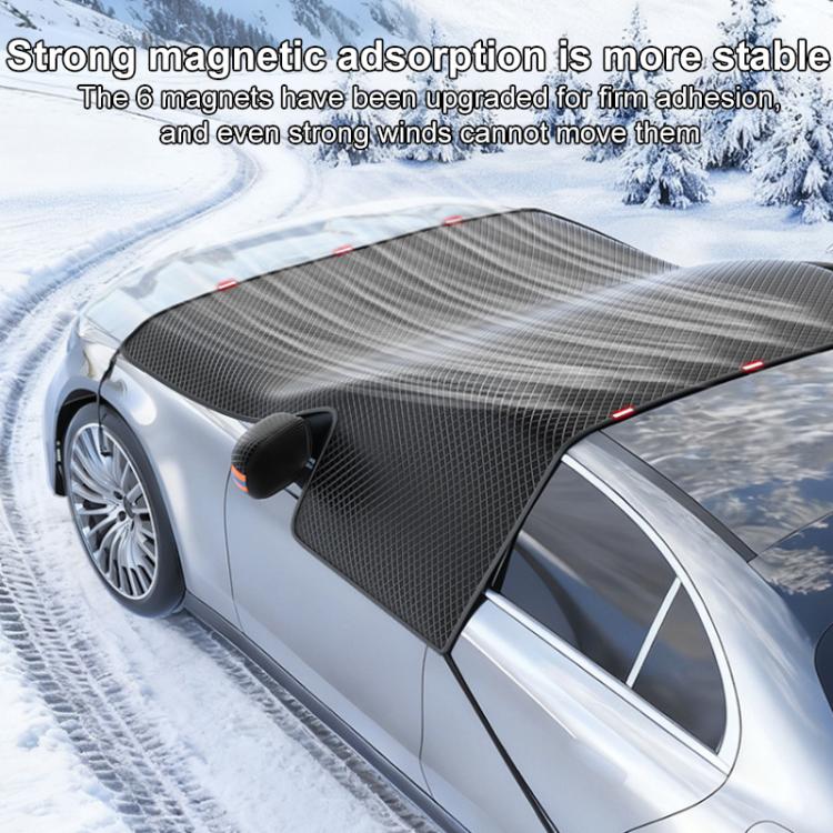 Black car windshield cover with magnetic attachment points and red-stitch detail