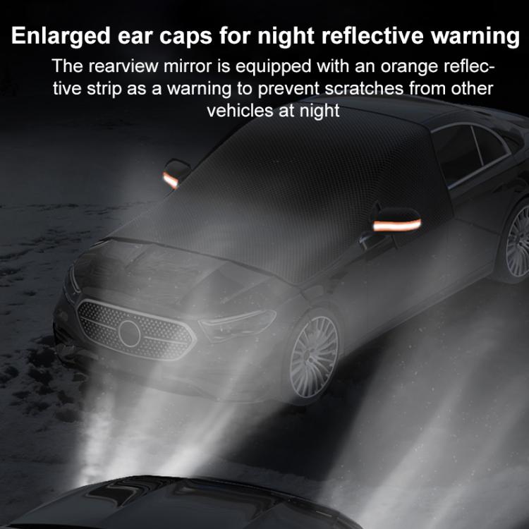 Black windshield snow cover with reflective ear caps and magnetic corner clips