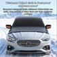 Front windshield snow cover with orange-trim ear caps on a car, black fabric