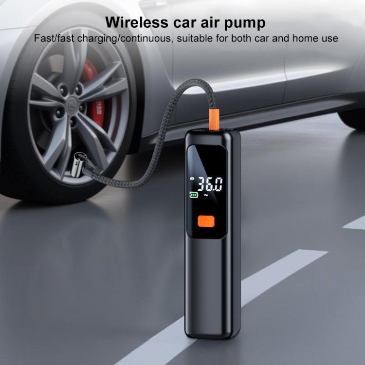 Black wireless tire inflator with digital readout, positioned near a car wheel