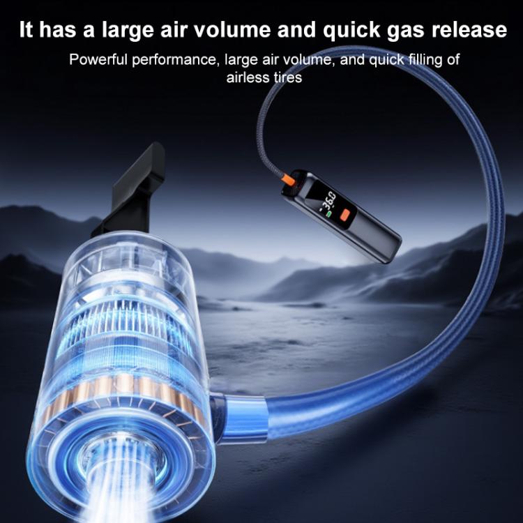 Black air pump with transparent chamber and hose, showing blue airflow