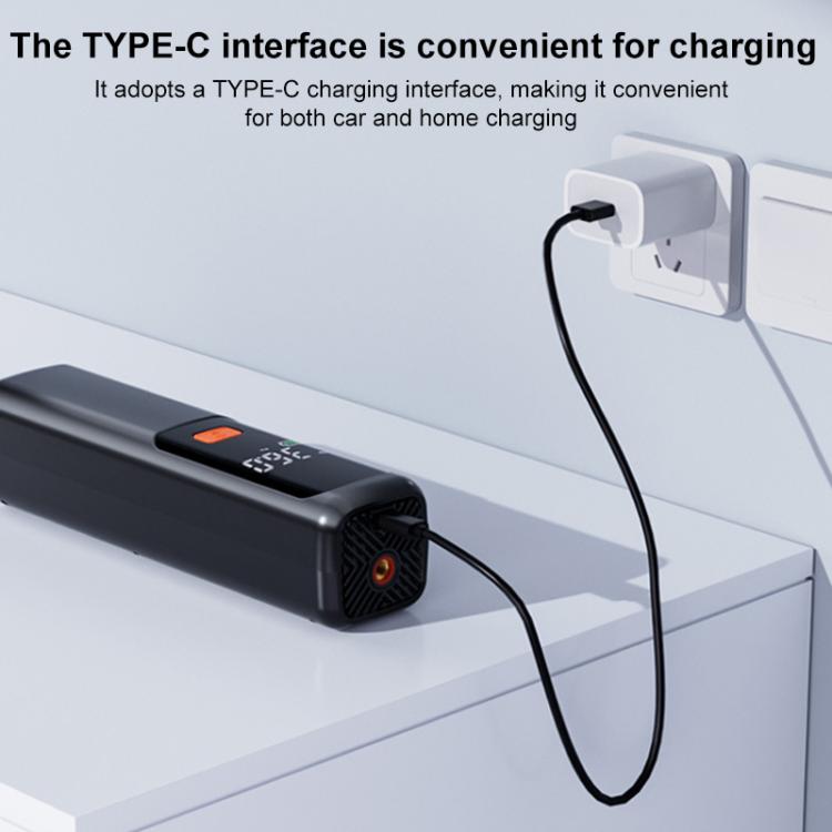 Black air pump with Type-C charging port and connected cable