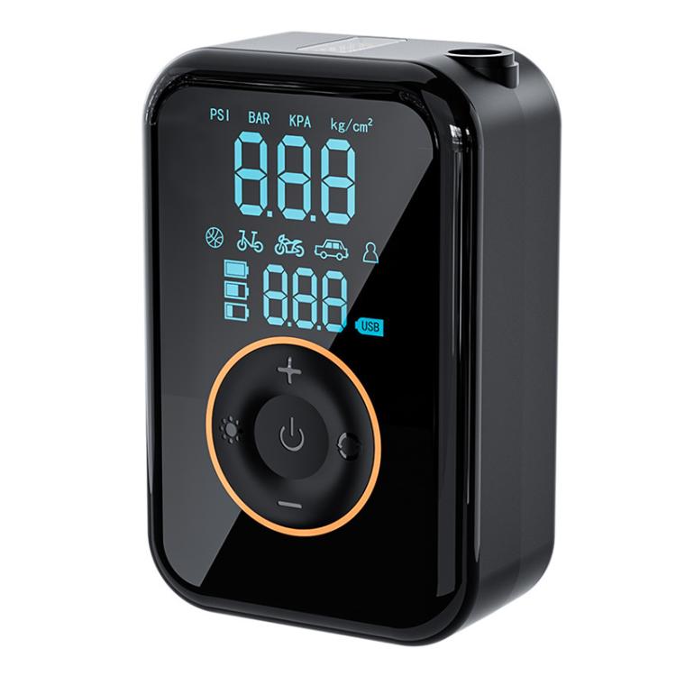 Black wireless tire inflator with blue LCD display and orange-ring power dial