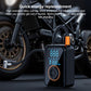 Wireless tire inflator with blue LCD and orange nozzle, shown near a motorcycle wheel