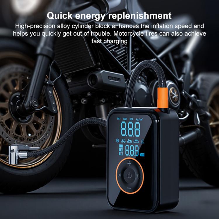 Wireless tire inflator with blue LCD and orange nozzle, shown near a motorcycle wheel