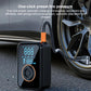 Wireless tire inflator with blue LCD and orange-tipped hose connected to a wheel valve