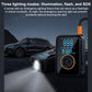 Black tire inflator with blue LCD display and bright front emergency light