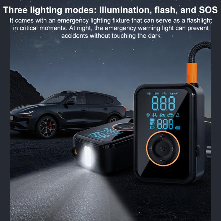 Black tire inflator with blue LCD display and bright front emergency light