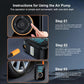 Tire inflator operation guide showing steps, power dial, and orange nozzle connection