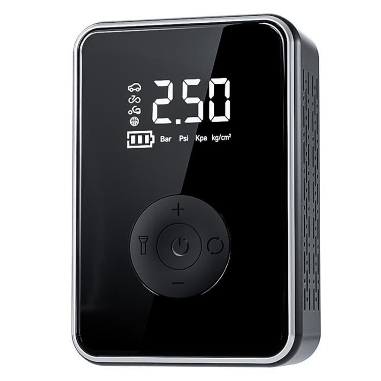 Portable digital car air pump with LED pressure display and round control buttons, black