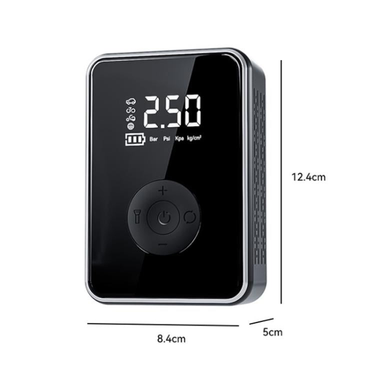 Front view of compact digital car air pump with LED pressure screen and control dial, black