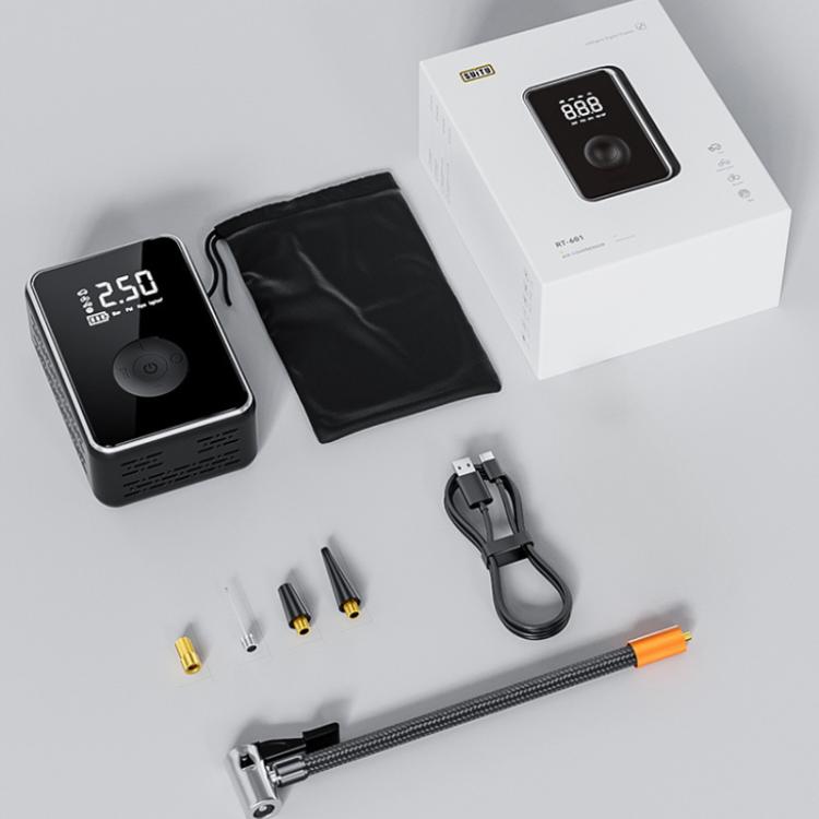 Portable digital car tire inflator pump with screen, hose, and nozzle adapters