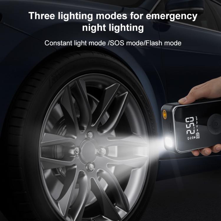 Digital car air pump with built-in flashlight light, LED pressure screen and control buttons, black