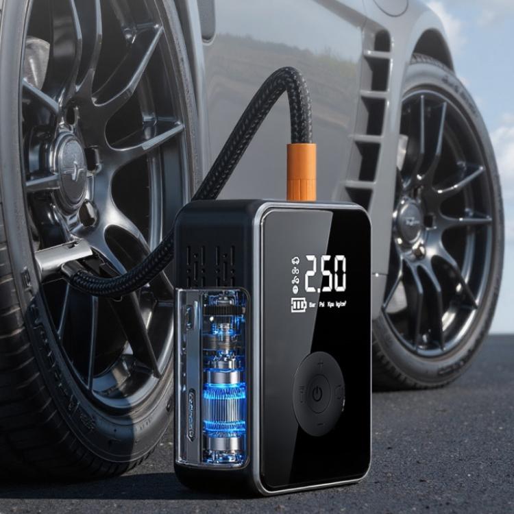 Digital car air pump with transparent compressor chamber and orange valve cap, black