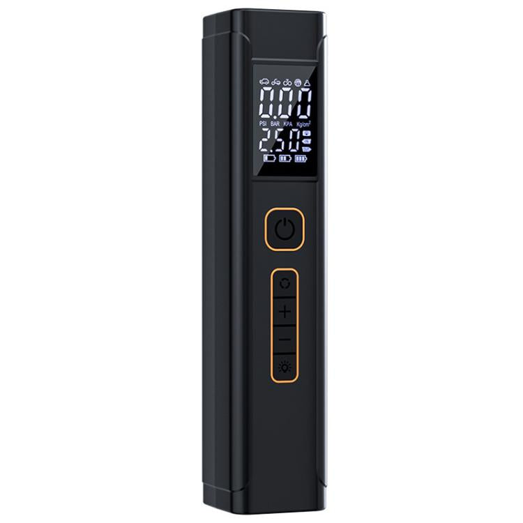 Black portable electric car air pump with dual digital display and control buttons