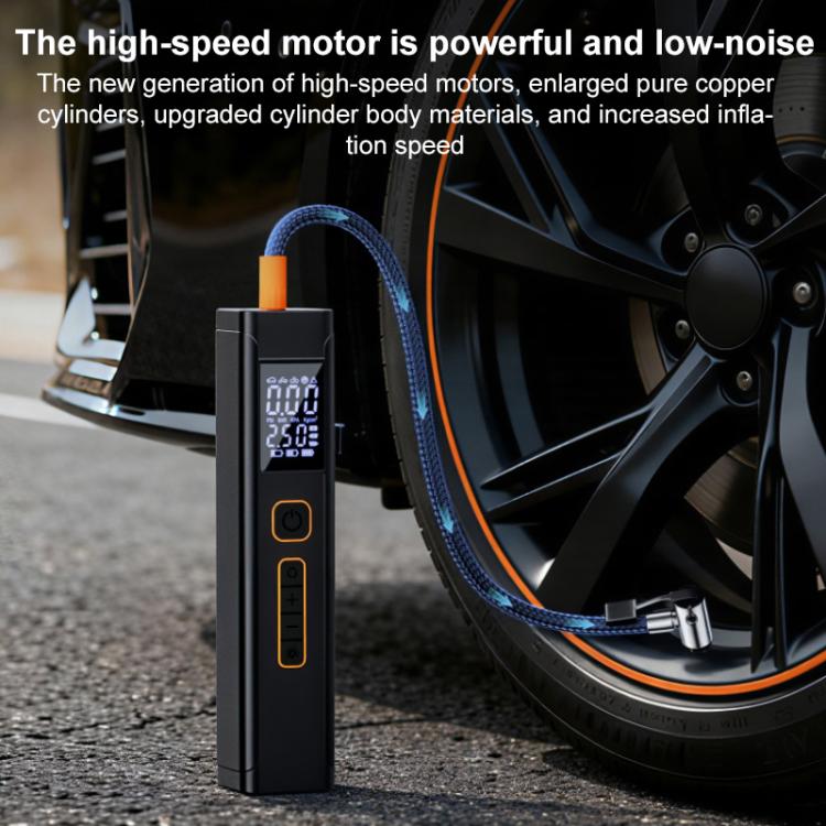 Portable electric car air pump with dual display and orange-tipped inflation hose